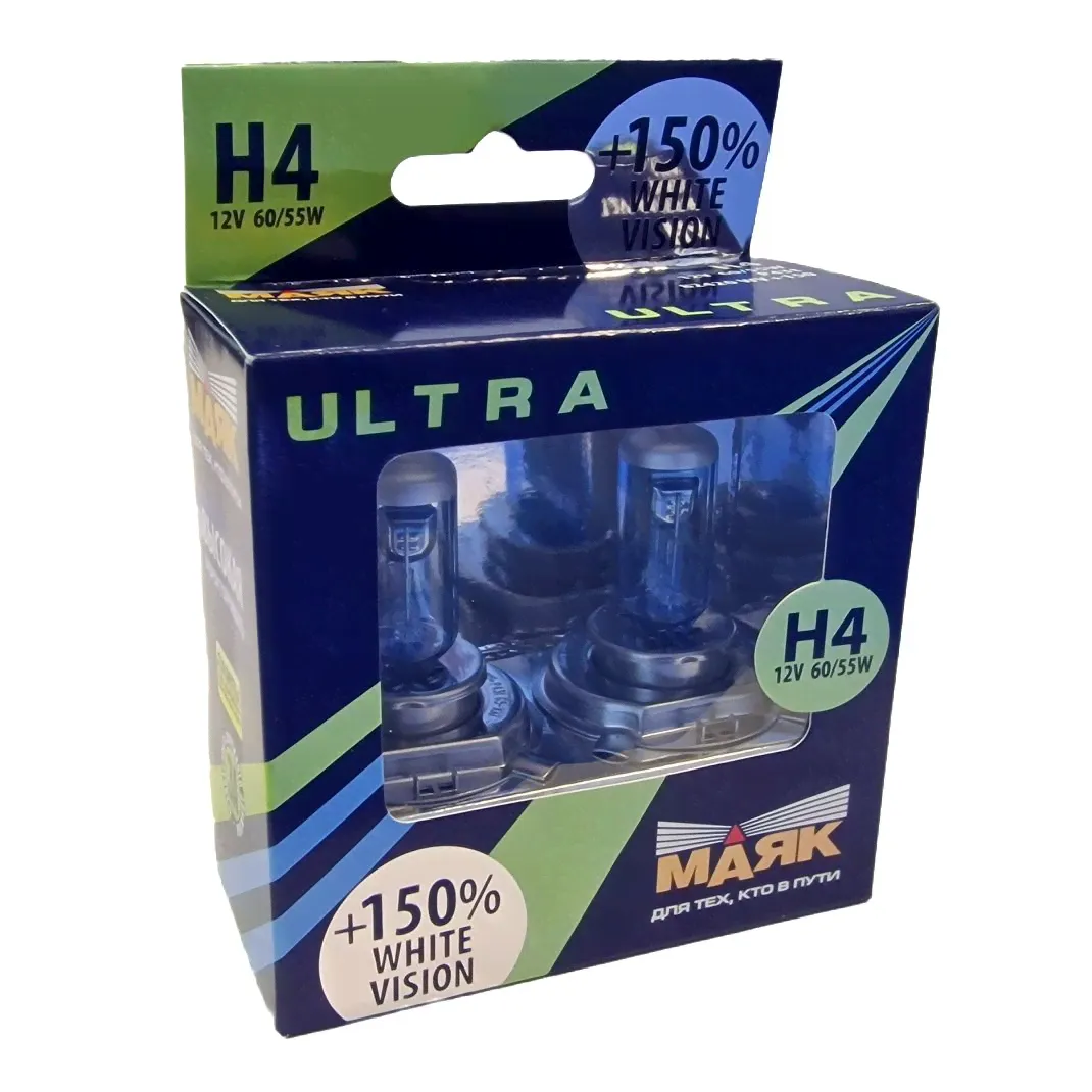 Лампа автомобильная галогеновая H4 Маяк White Vision +150% 12V 60/55W Р43t 82420WV+150