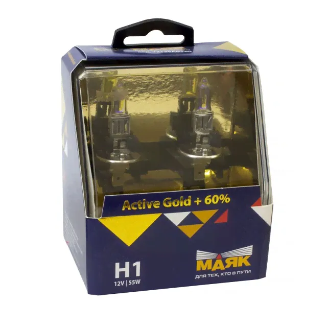 (Маяк active) лампа h 1 галогенная 55w 12v gold +60% (2шт комплект), Маяк