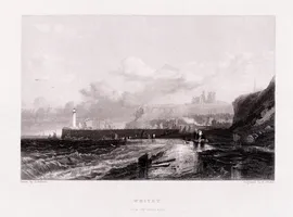Гравюра Англия приморский город Уитби Whitby порт маяк Море Корабль Парусник 1842 г.