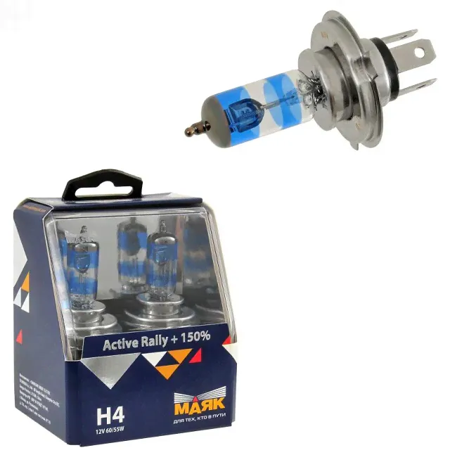 Лампа h 4 галогенная 60/55w 12v rally +150% (silver) (2шт комплект), МАЯК Active