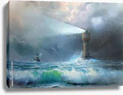Маяк и корабль в море